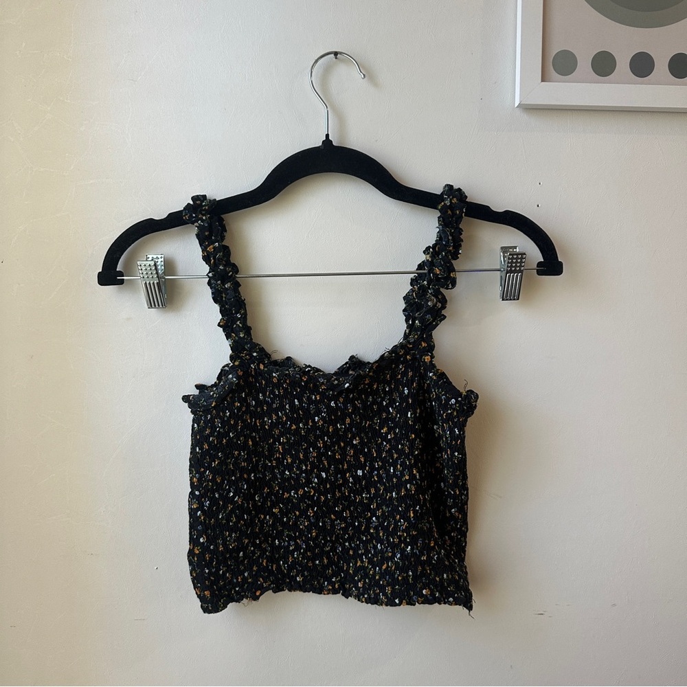 Black Floral Smocked Crop Tank Top